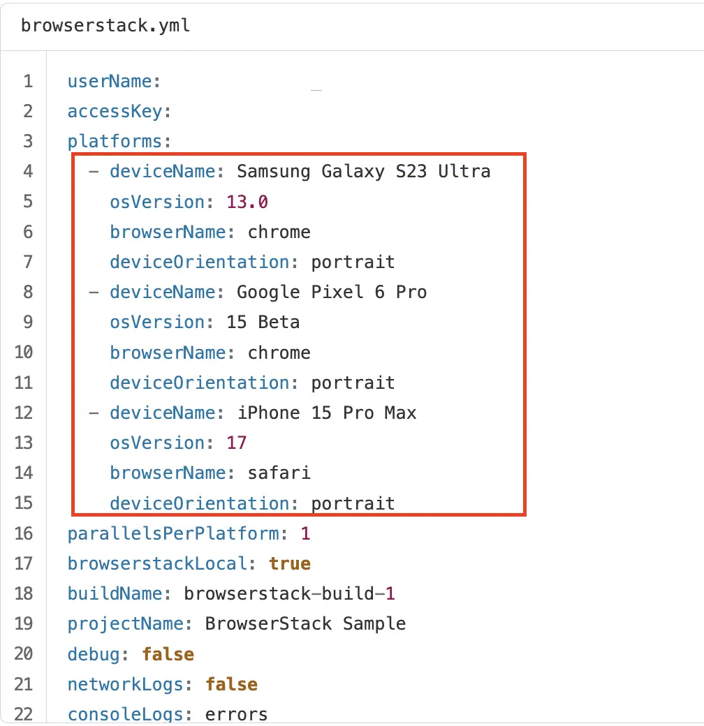 The BrowserStack configuration file highlighting the platforms section
