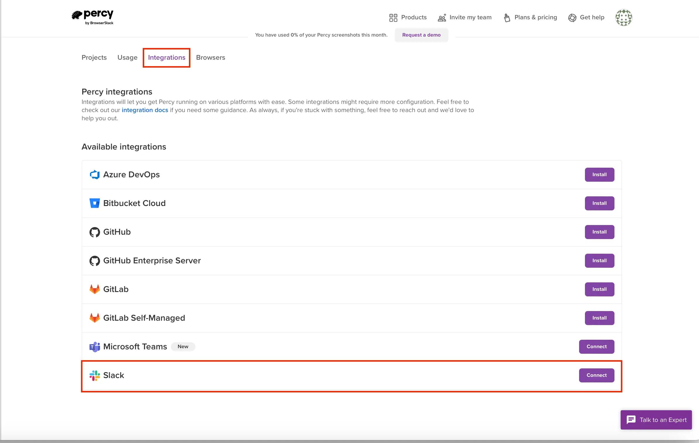 Percy-Slack Integration - Settings