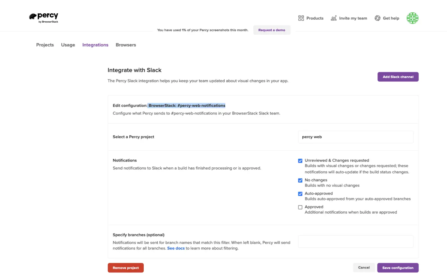 Percy-Slack Integration - Configure Connection