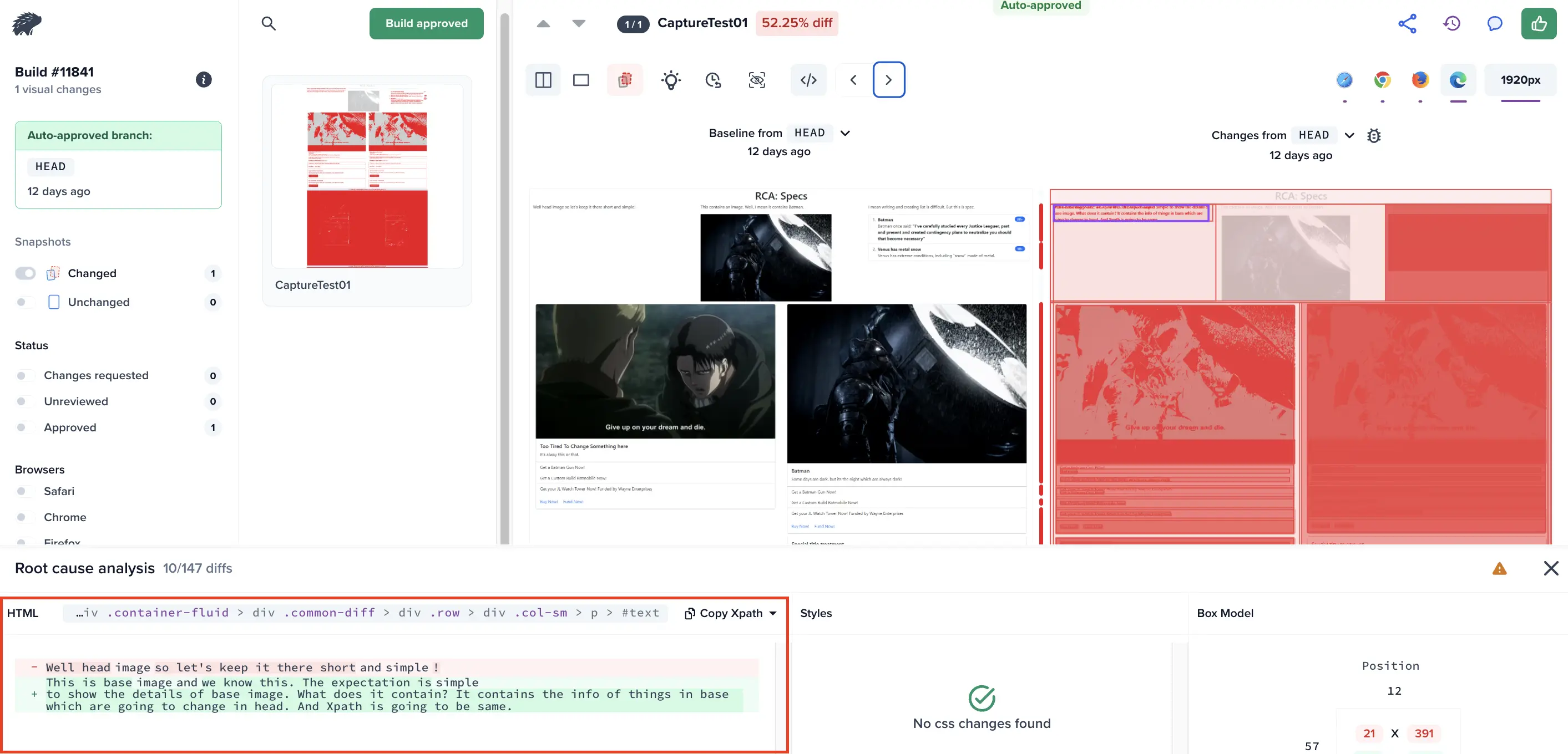 Viewing DOM element difference on review screen