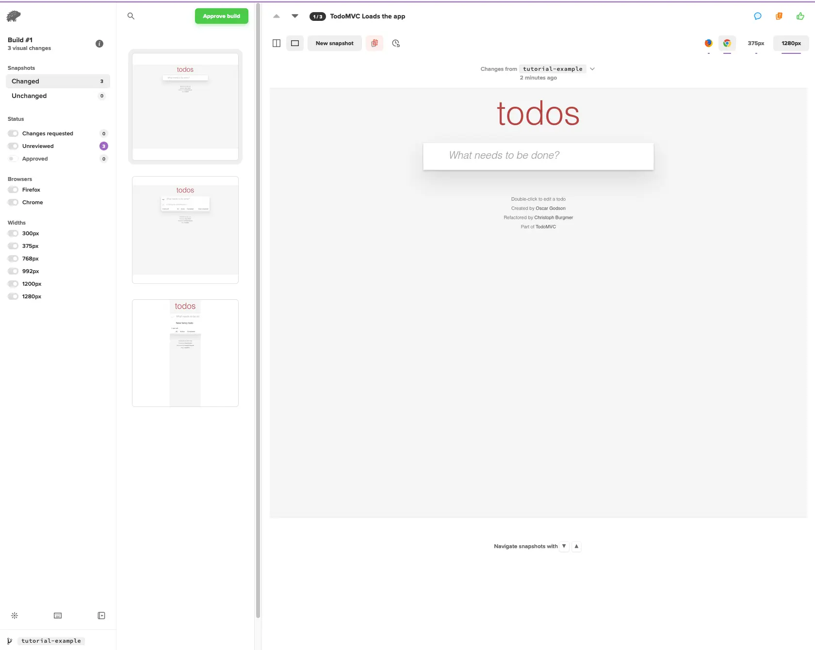 Screenshot of the sample application on the Percy dashboard