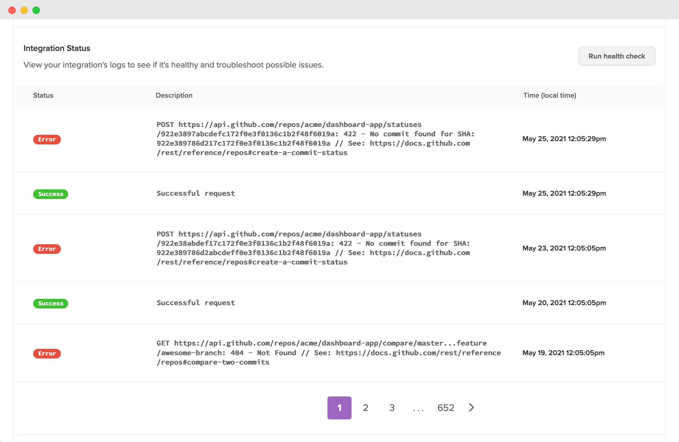 View the logs table