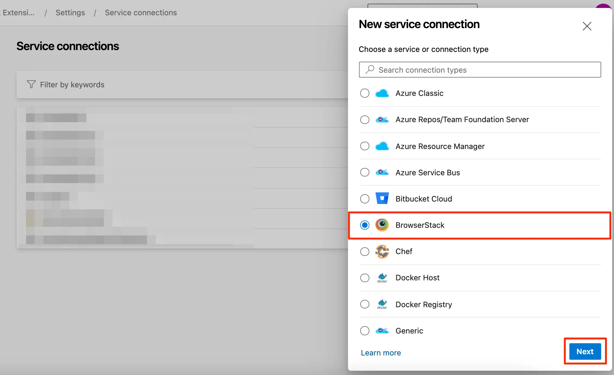 Select BrowserStack from the list