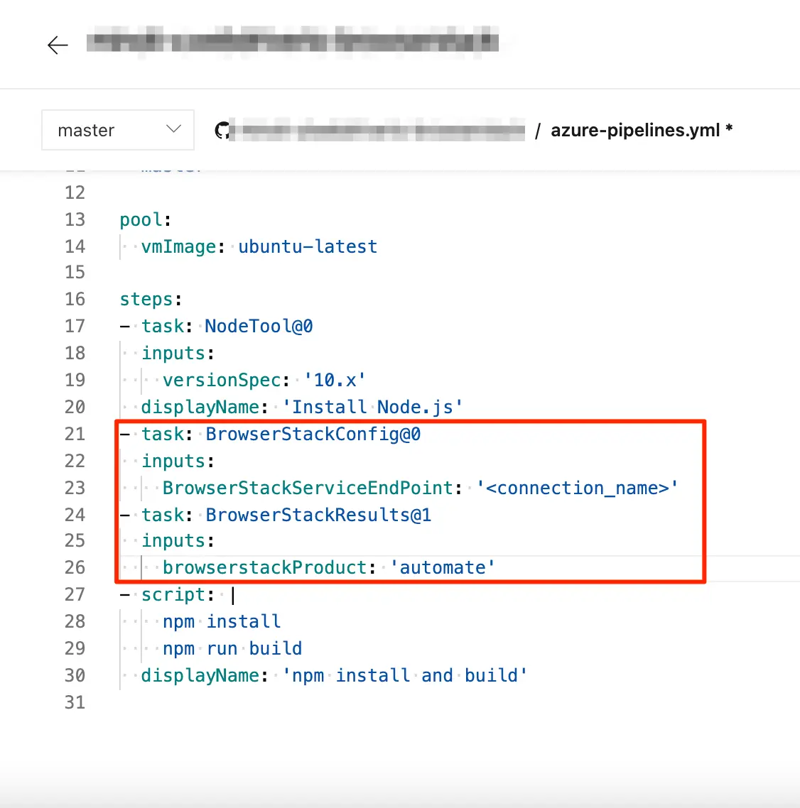 YML file with BrowserStack tasks added
