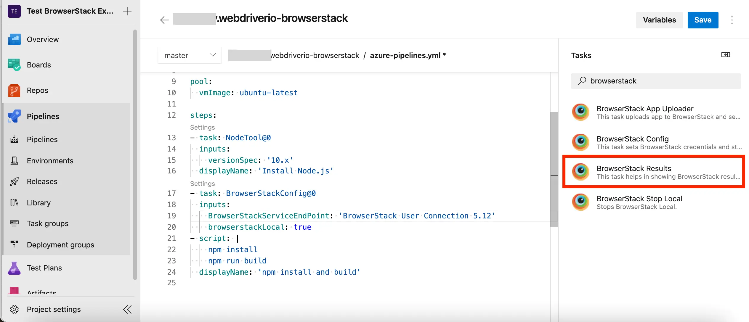 YML file with BrowserStack tasks added