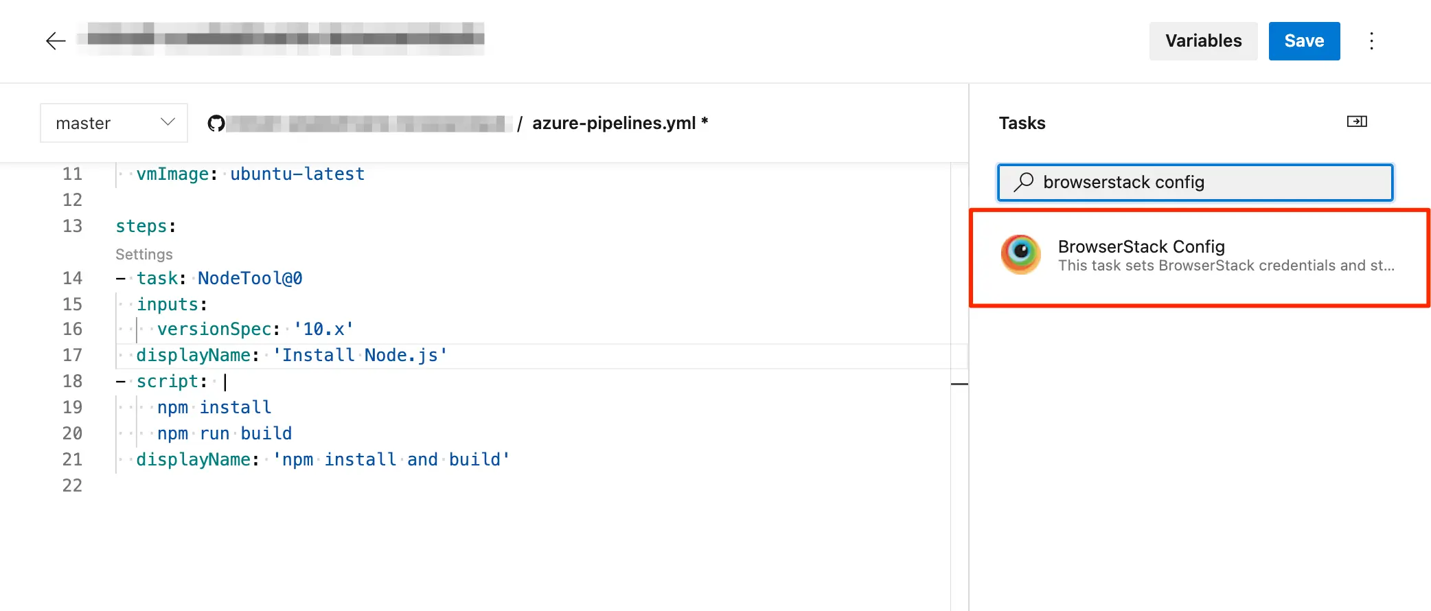 Select the BrowserStack Config task