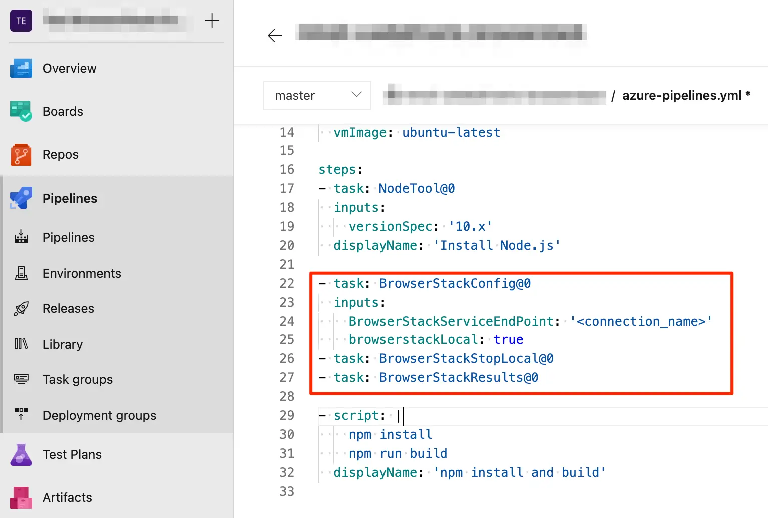 YML file with BrowserStack local tasks added