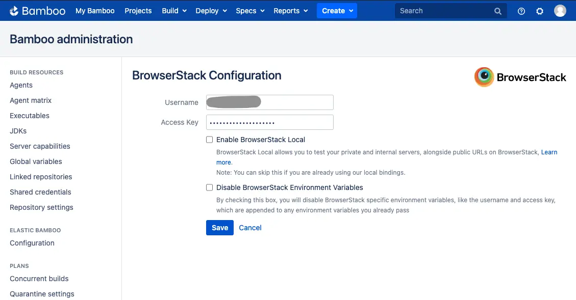 configuring browserstack credentials on bamboo
