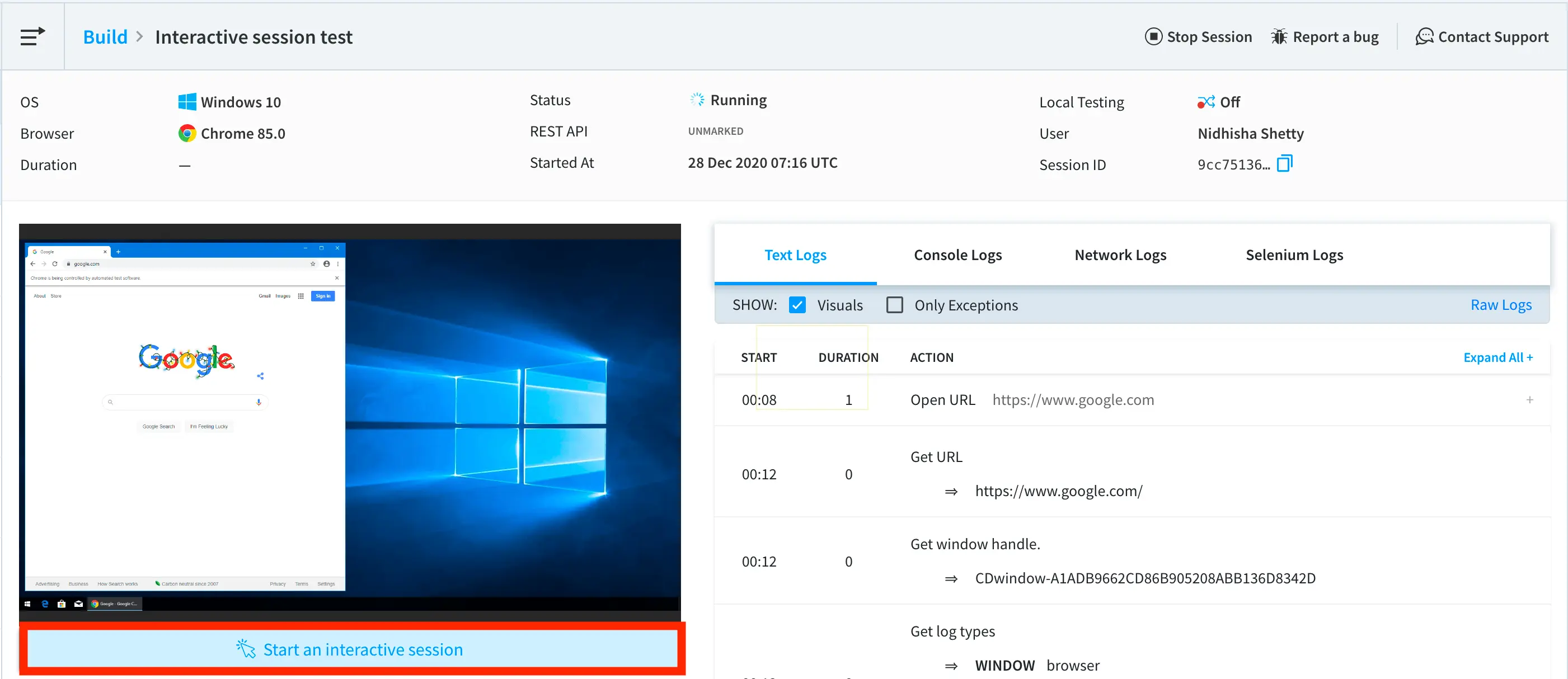 Sample interactive session on browserstack dashboard