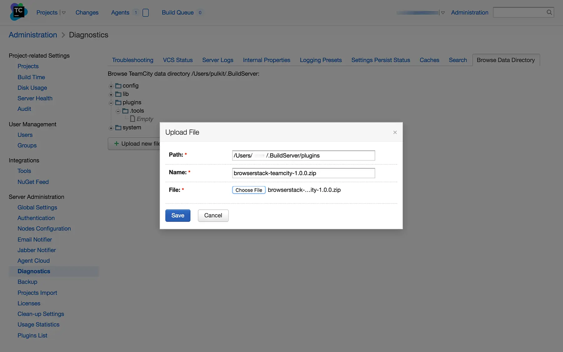 BrowserStack automate teamcity plugin Installation Upload Plugin Zip file