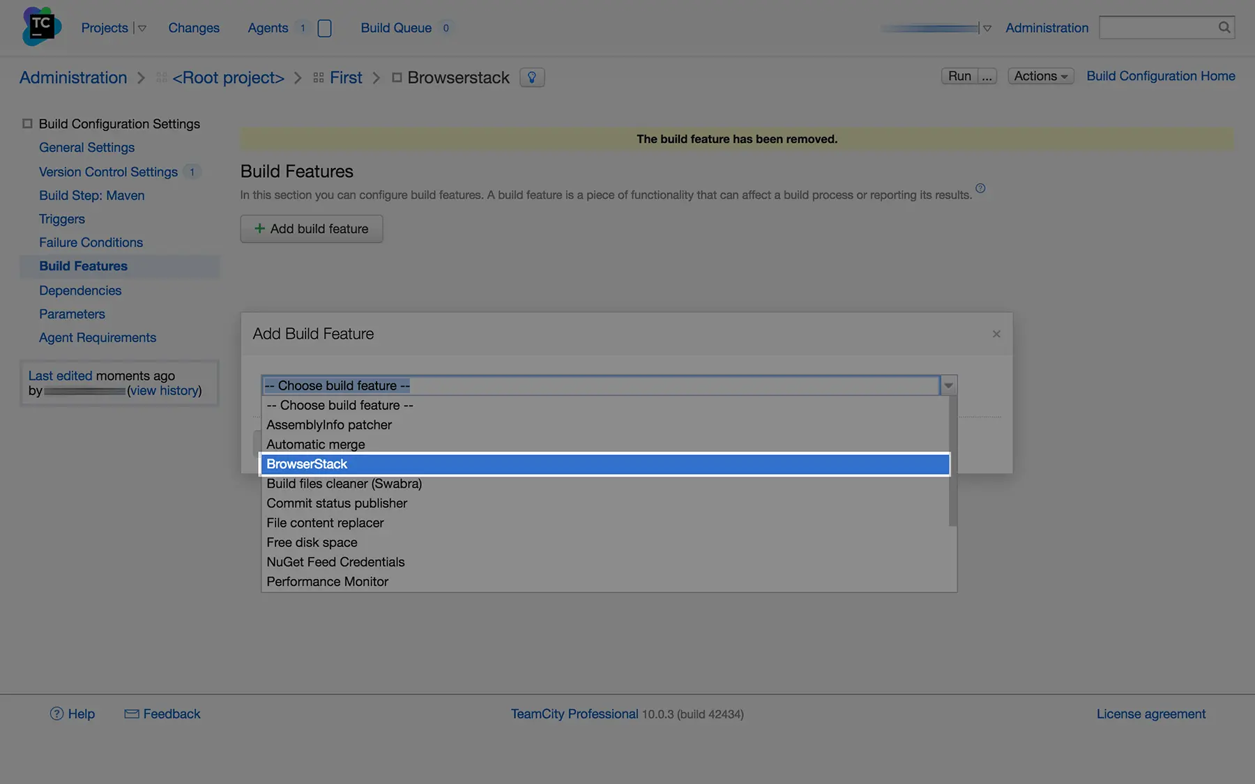 Image showing TeamCity with "Build Features" selected in the left panel and BrowserStack selected in "Add Build Feature" dropdown