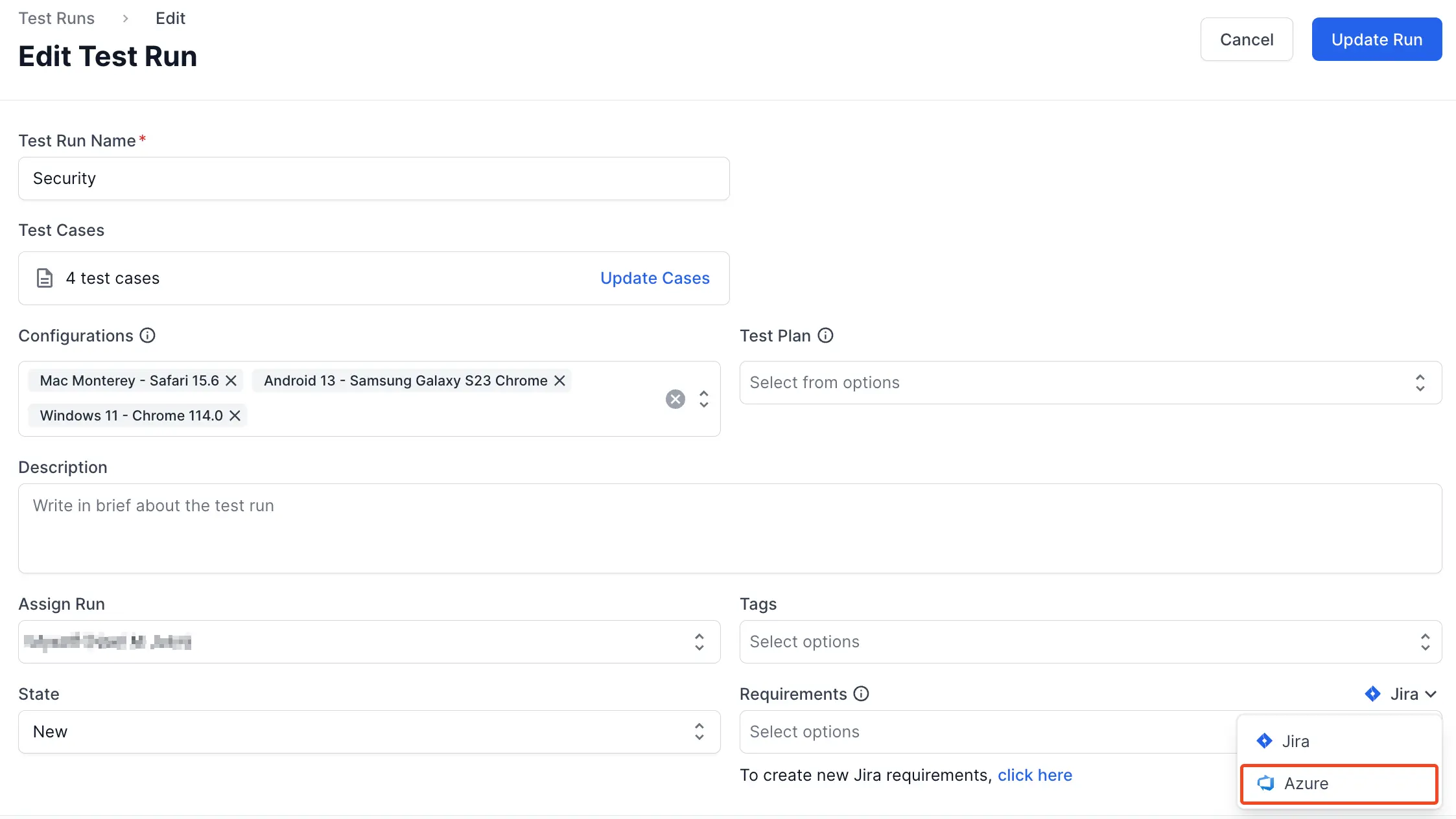 Select Azure to from the dropdown menu