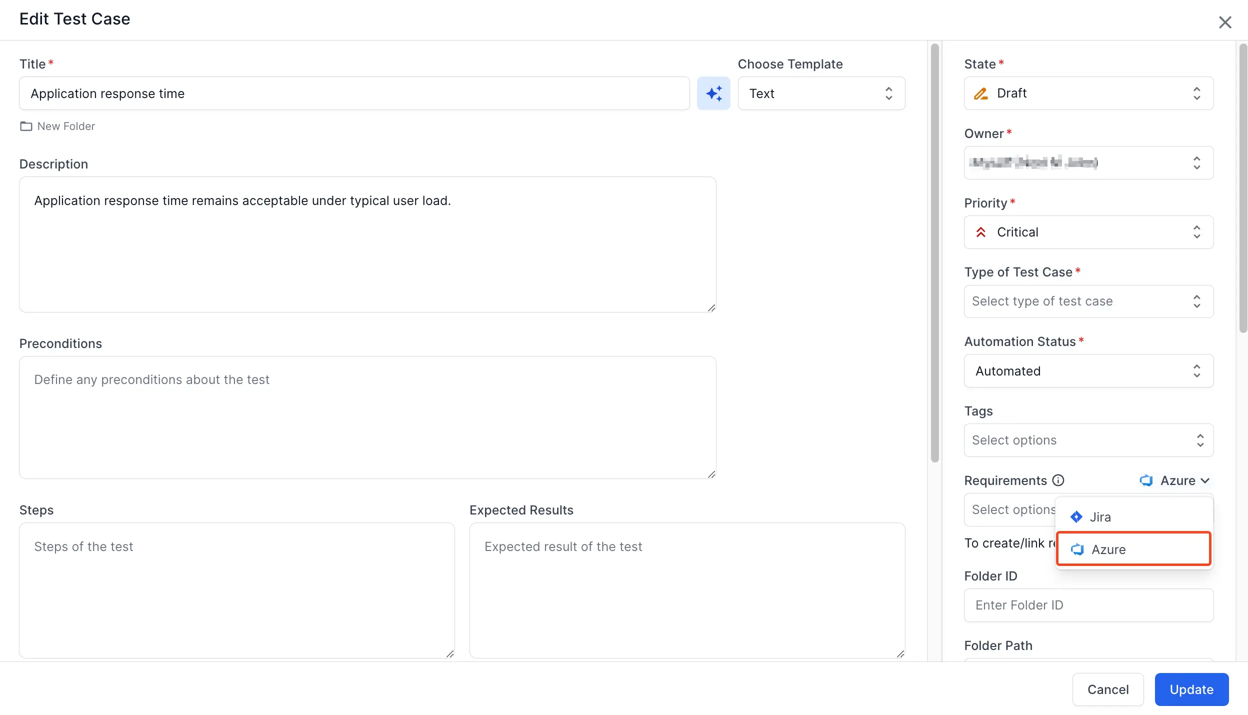 Select Azure to from the dropdown menu