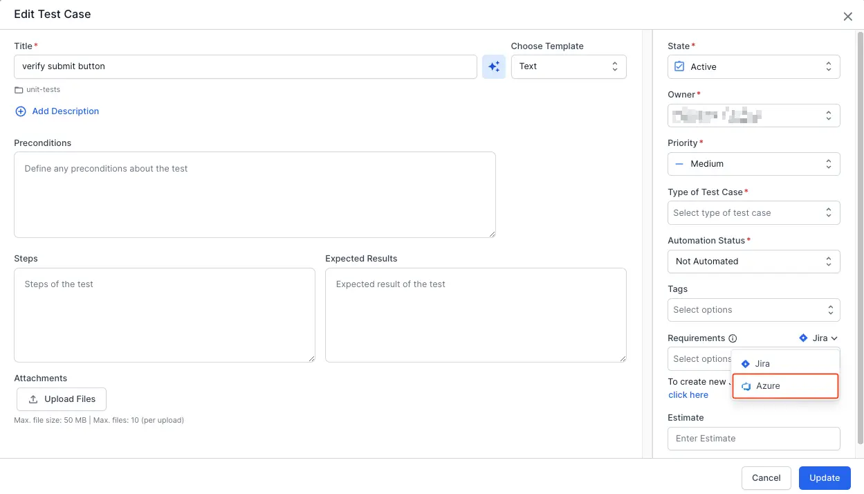 Select Azure in the requirements field