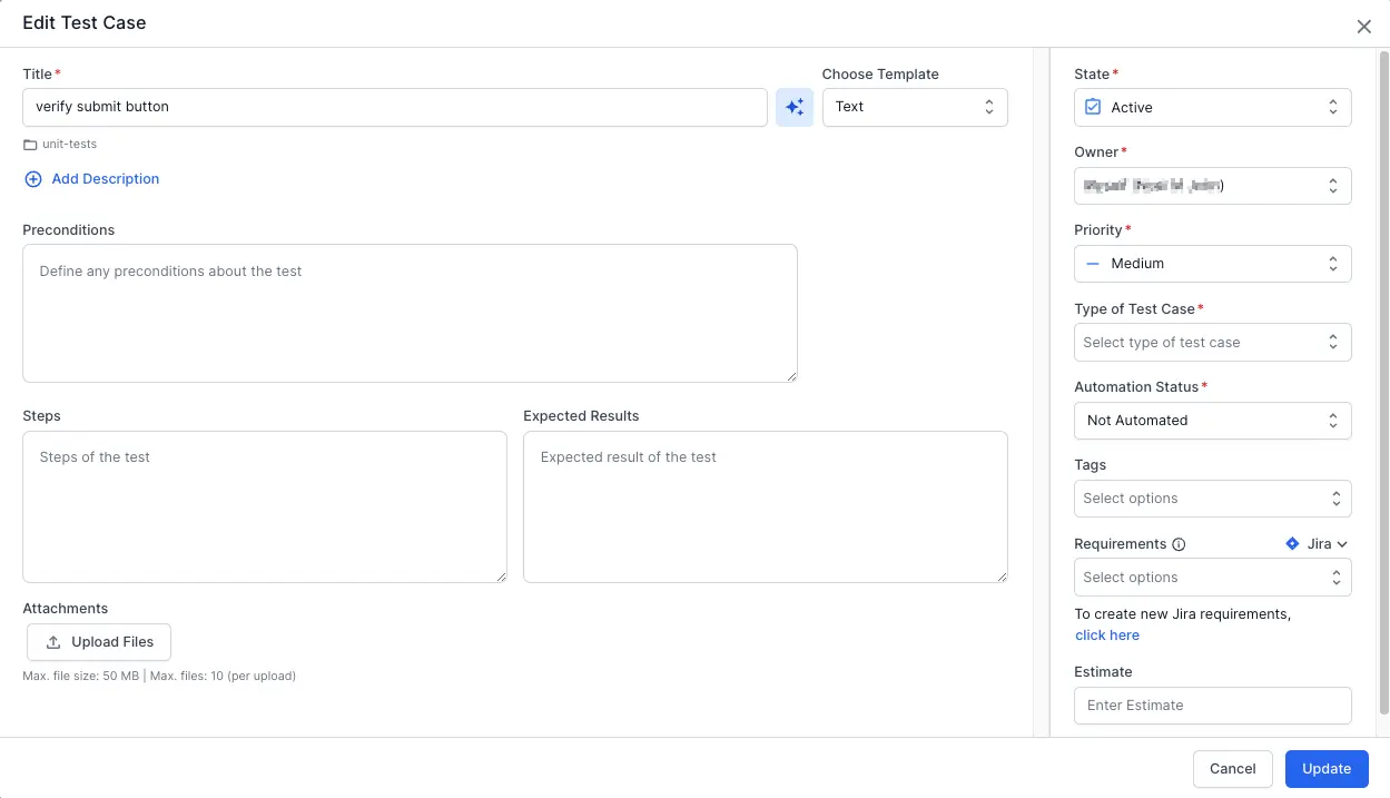 Open the test case/test run form