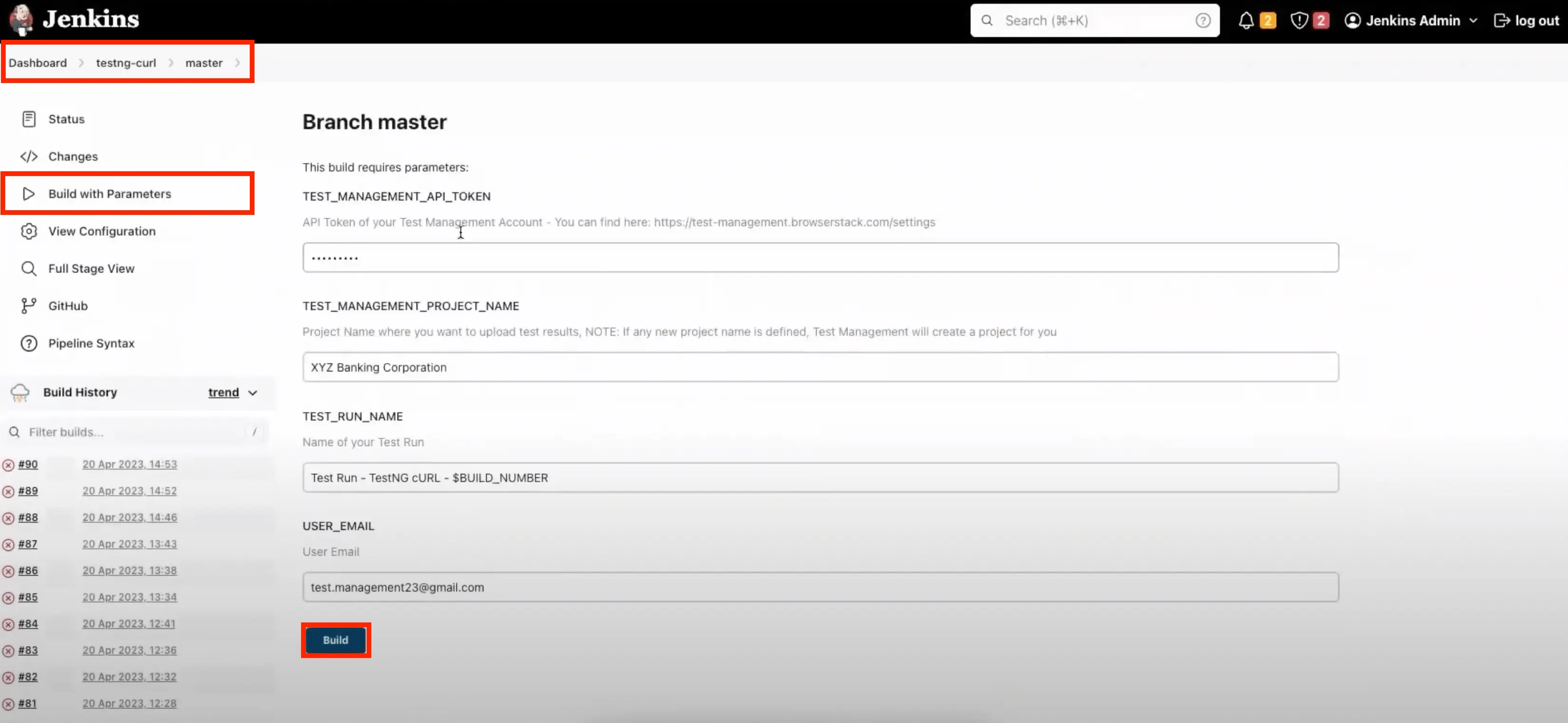 The Build with Parameters page