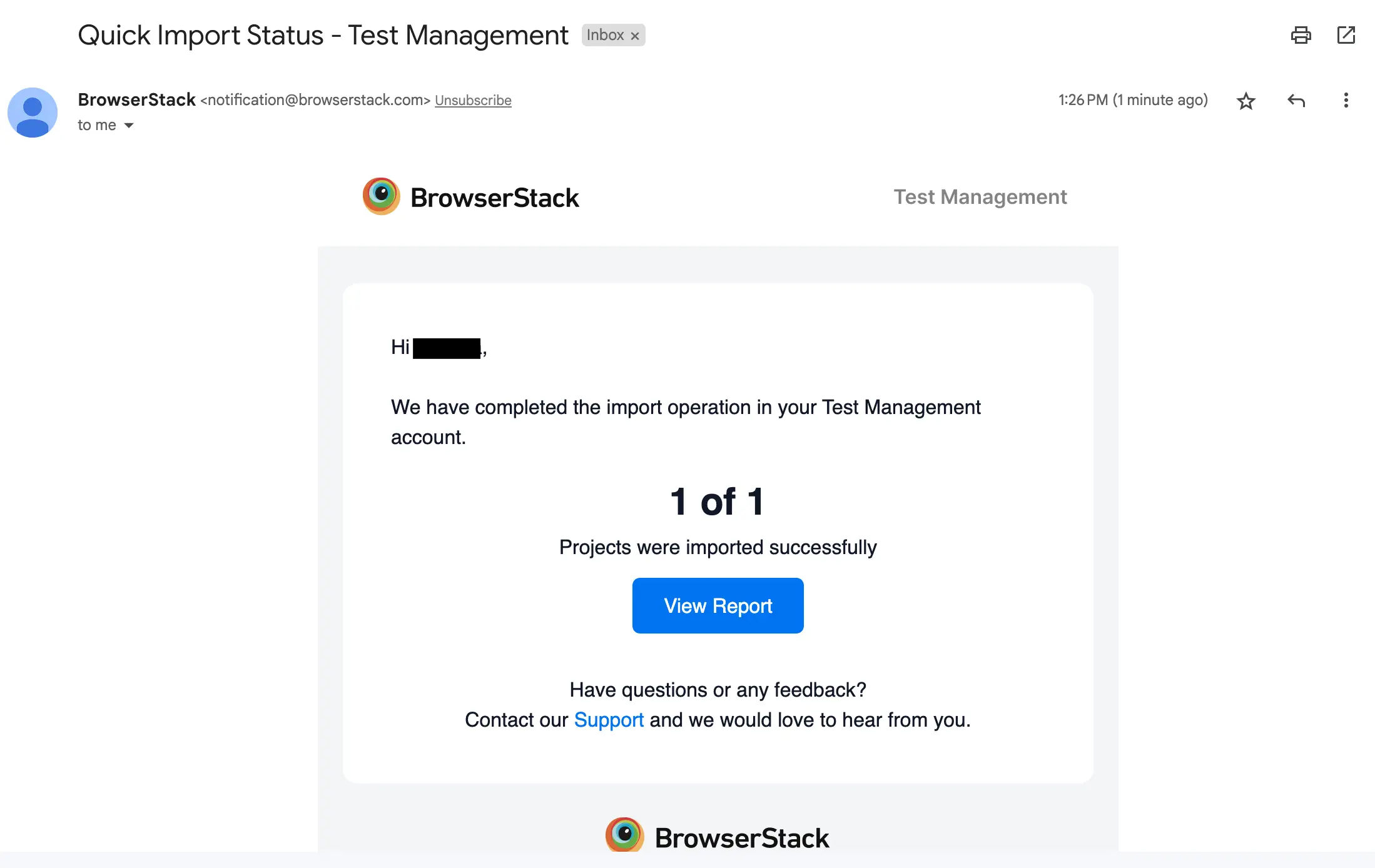An example of email notification you will receive after Quick import completes