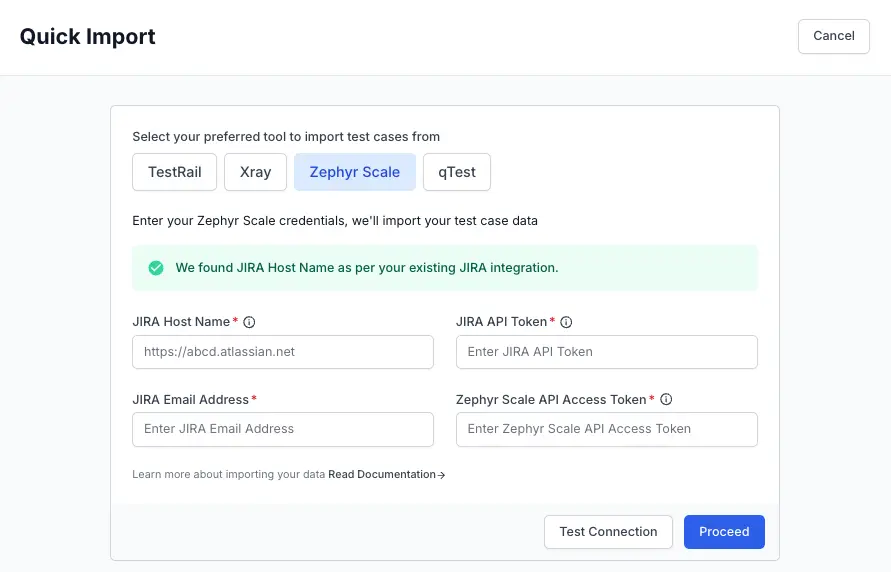 Enter the required fields to perform Zephyr Scale data import