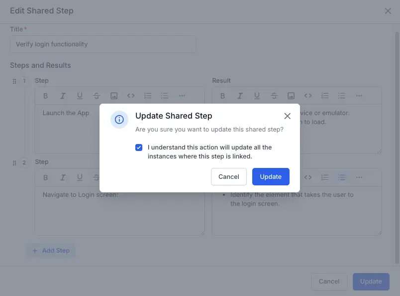 The Update Shared Step confirmation dialog highlighting the Update button
