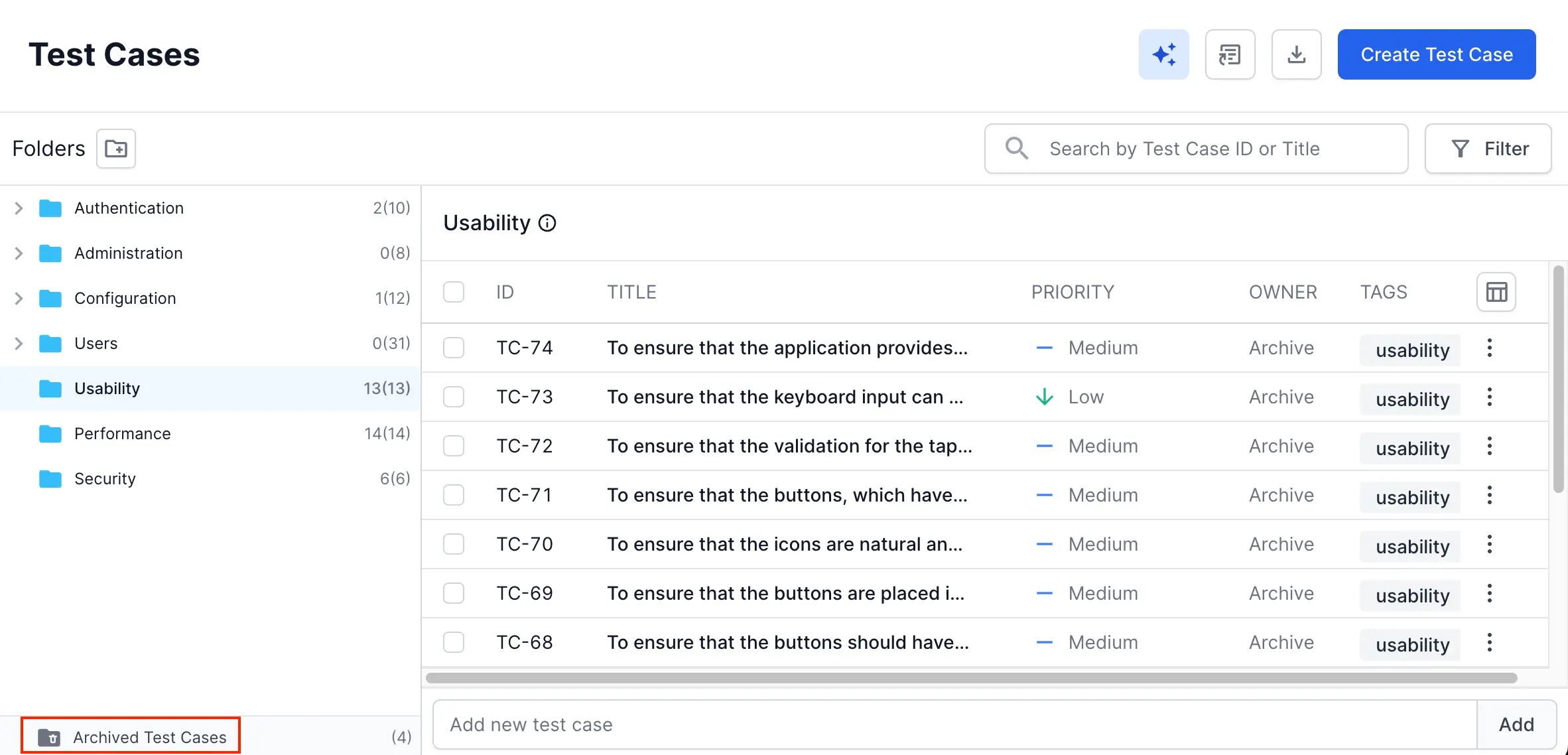 Archived Test Cases button