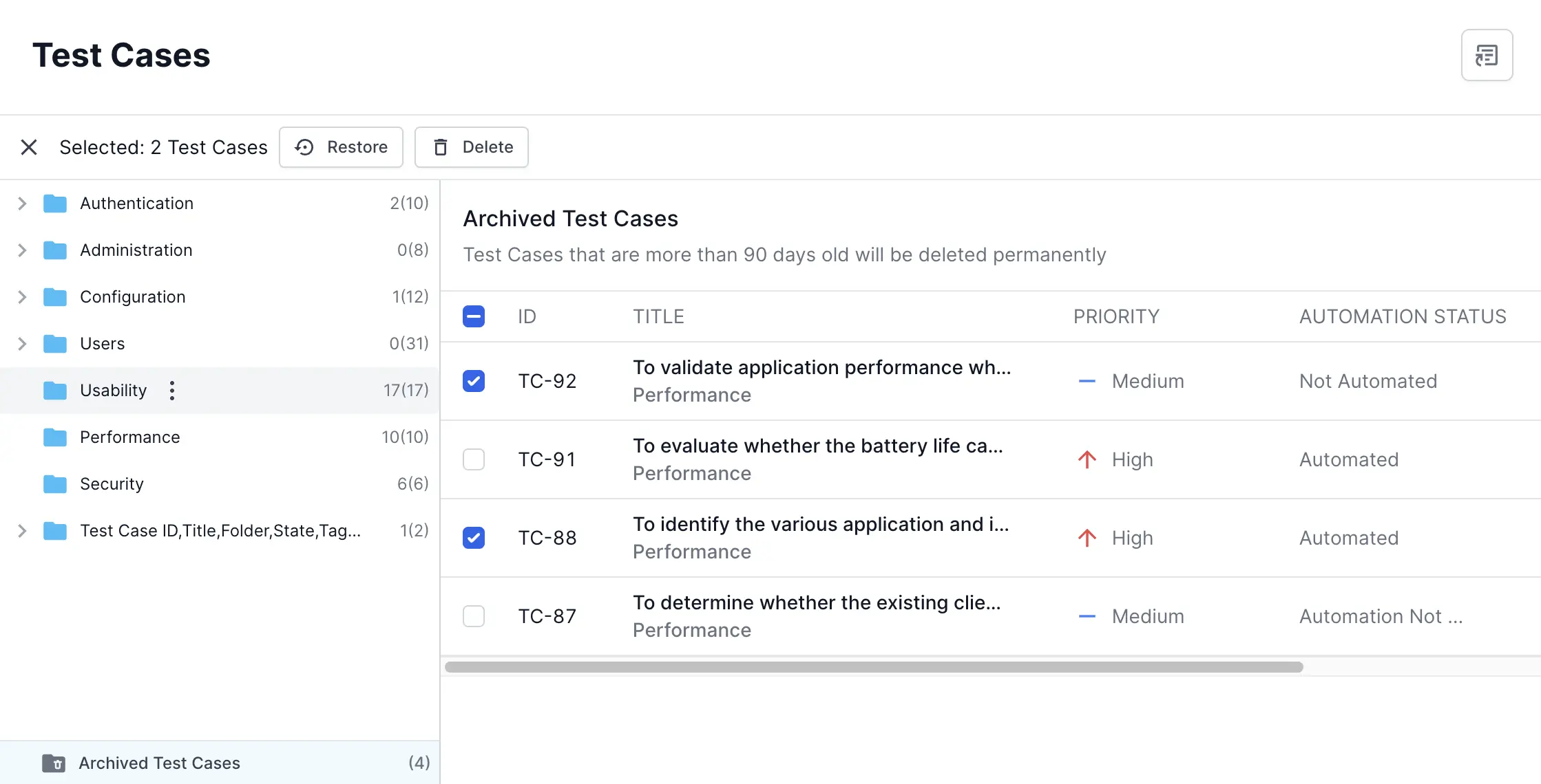 Restore the archived test cases
