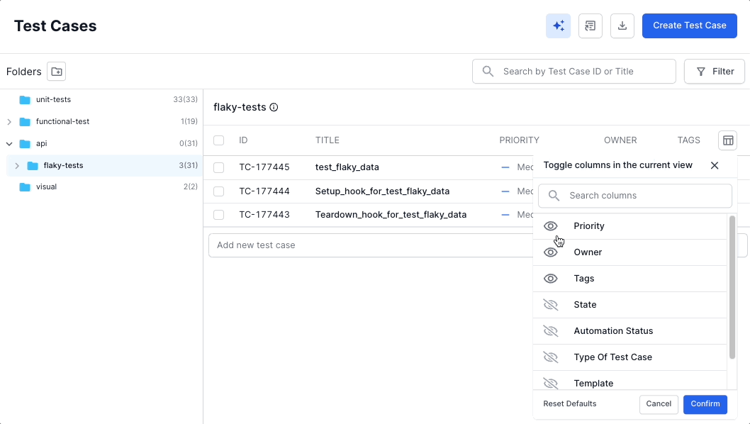 toggle the column to hide or show