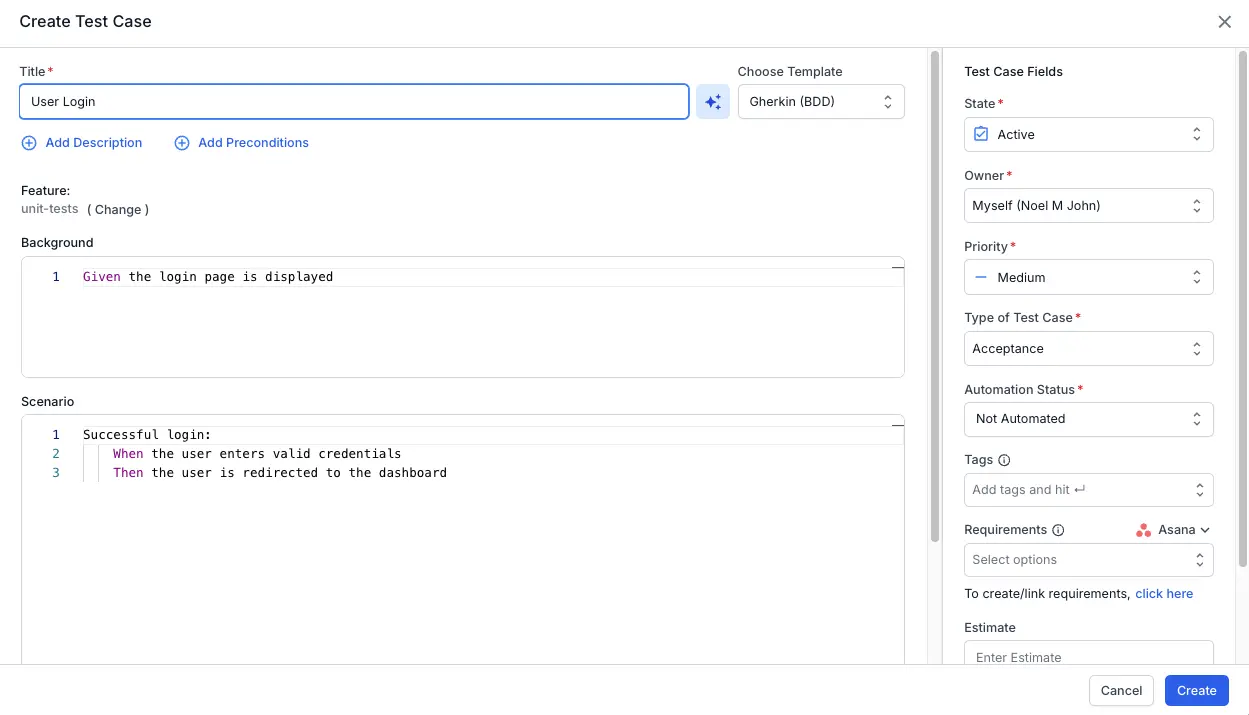 Enter feature, background and scenario information for the test case