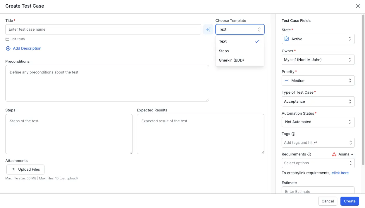 Select a test case template from the dropdown