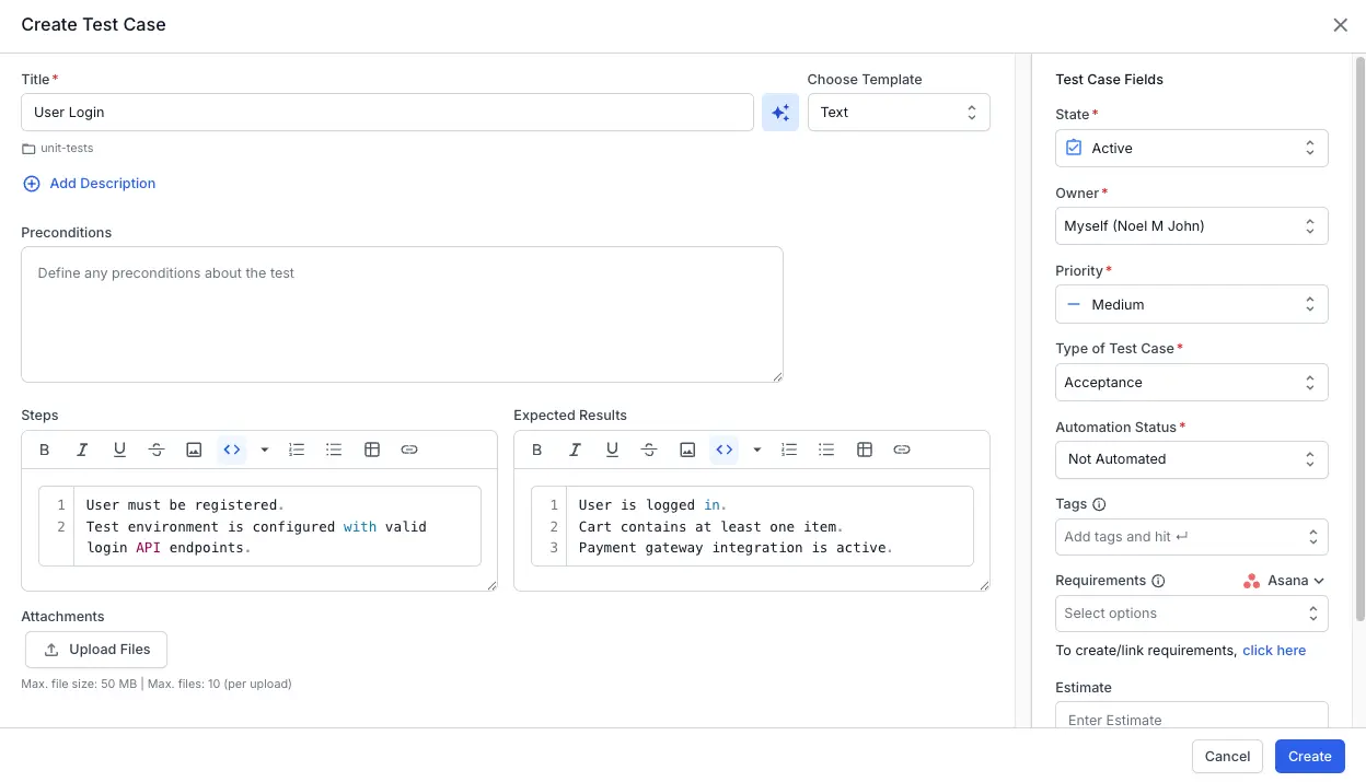 Enter descriptions, steps, and expected results in text template