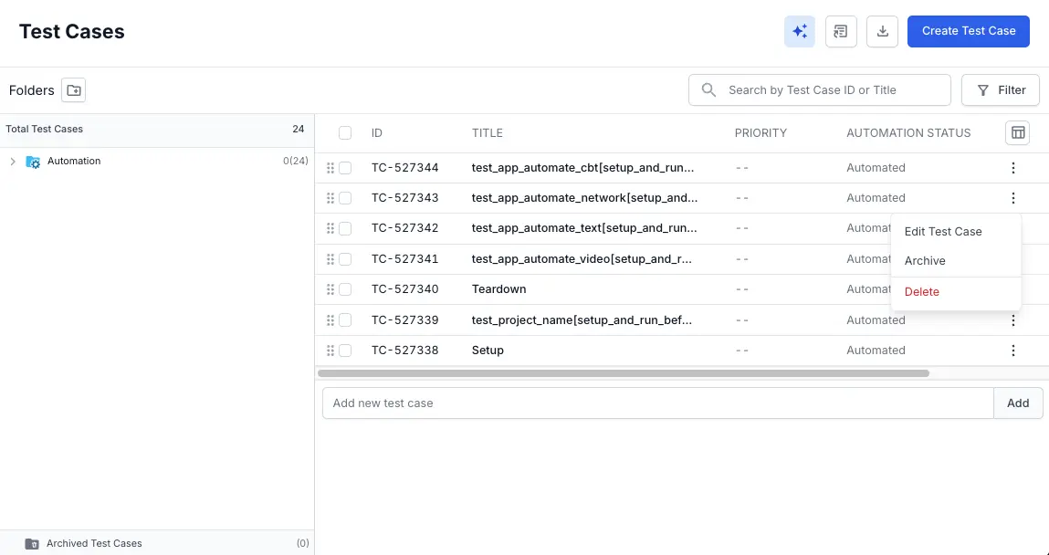 Select edit options for a test case