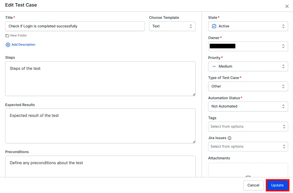 Editing and updating details of a test case