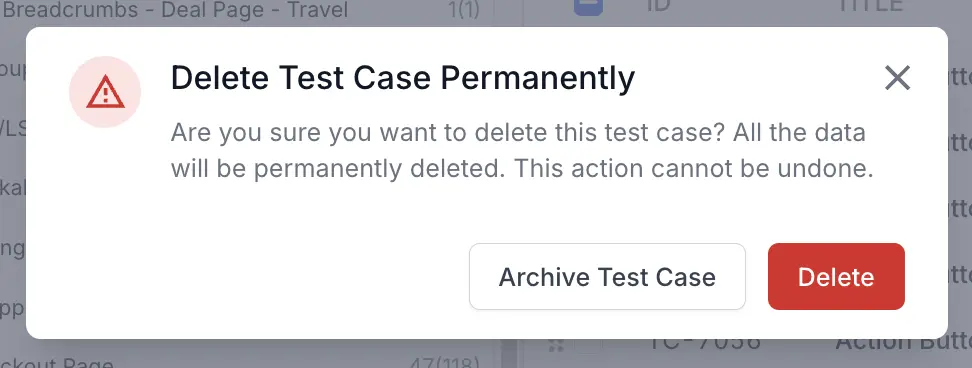 The Test case delete confirmation pop-up highlighting the Delete button