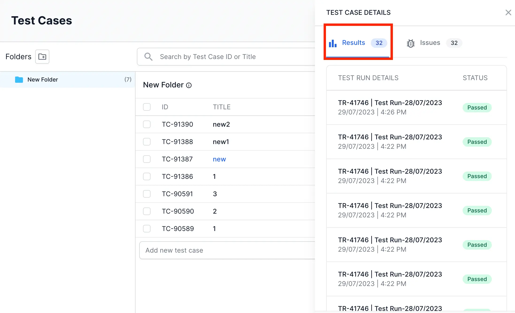 Results tab in the test case detail view