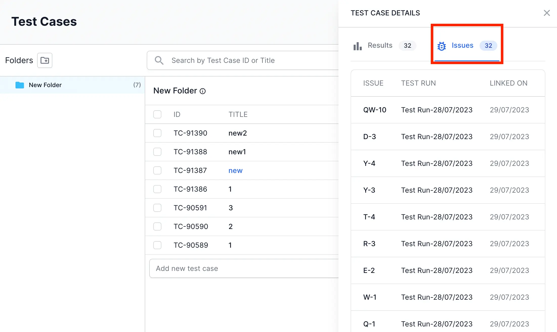 Issues tab in the test case detail view
