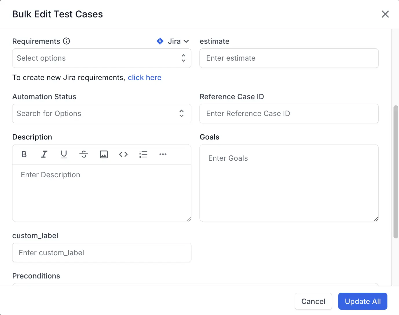 Update fields of test cases