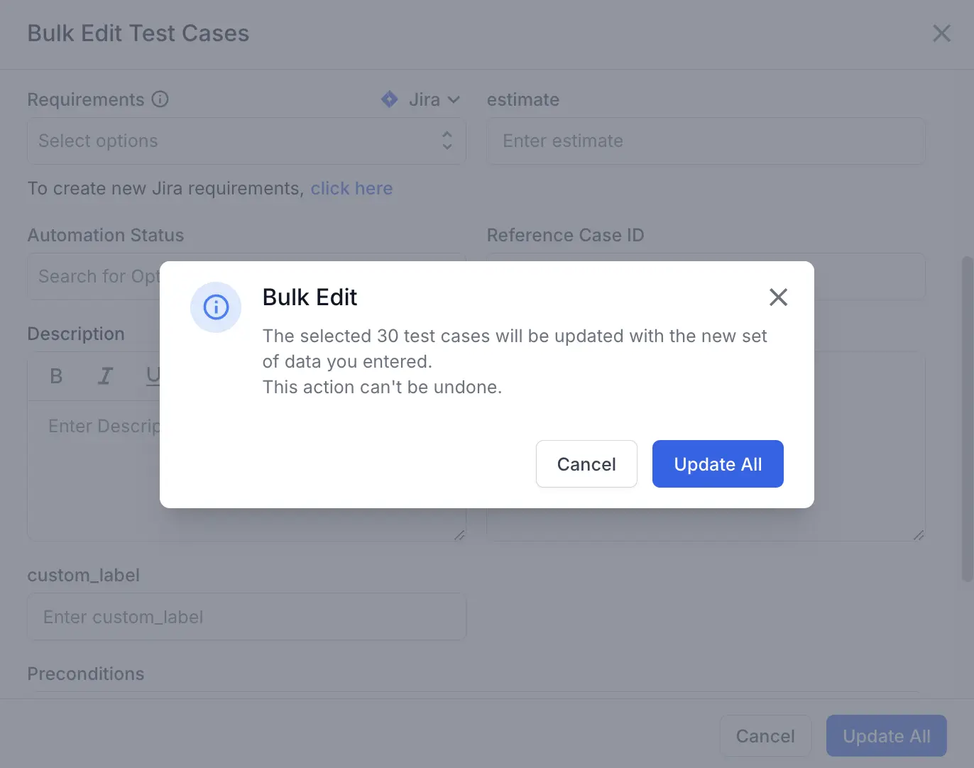 Update fields of test cases