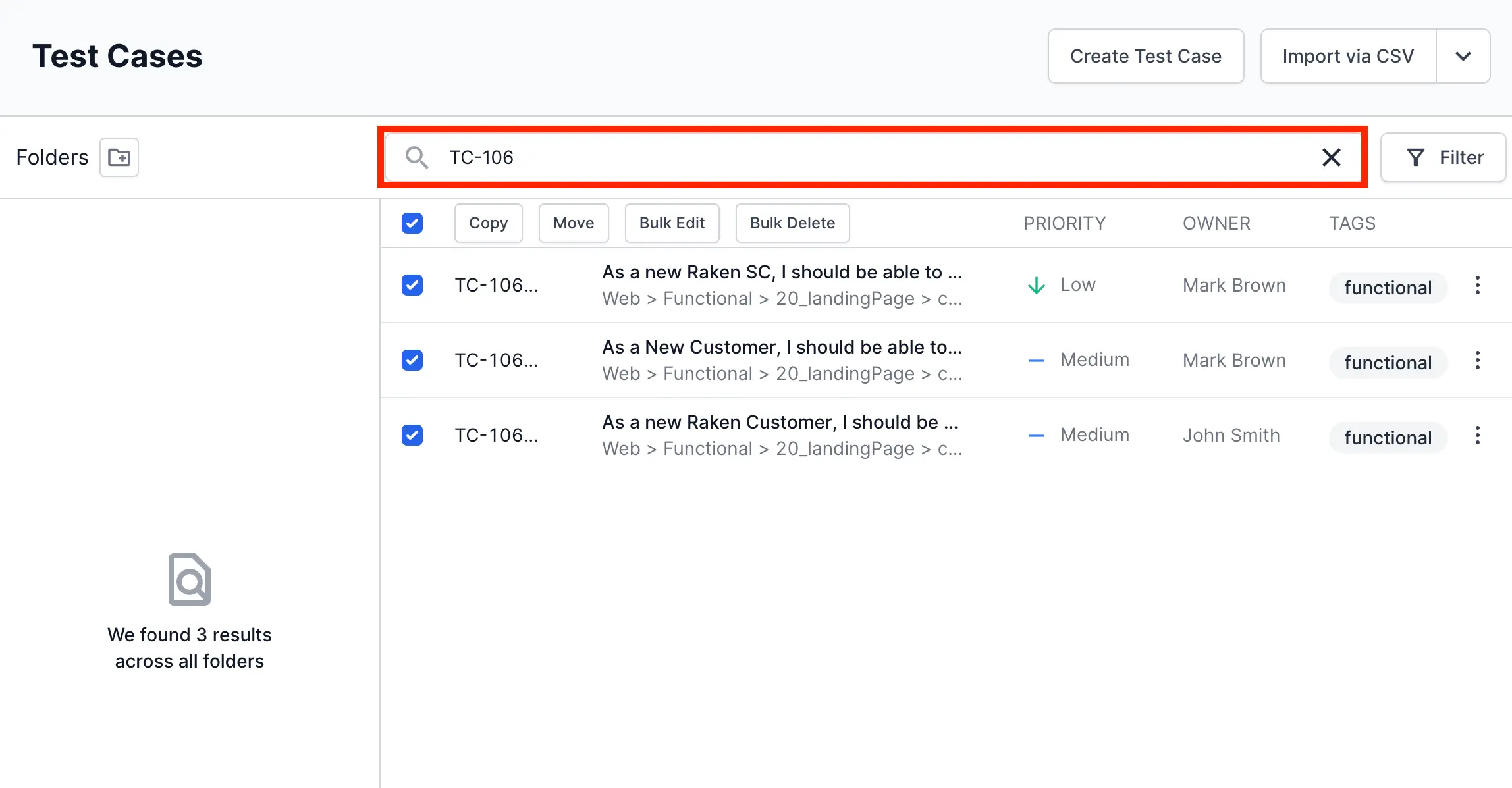 Search test cases with a keyword in search bar