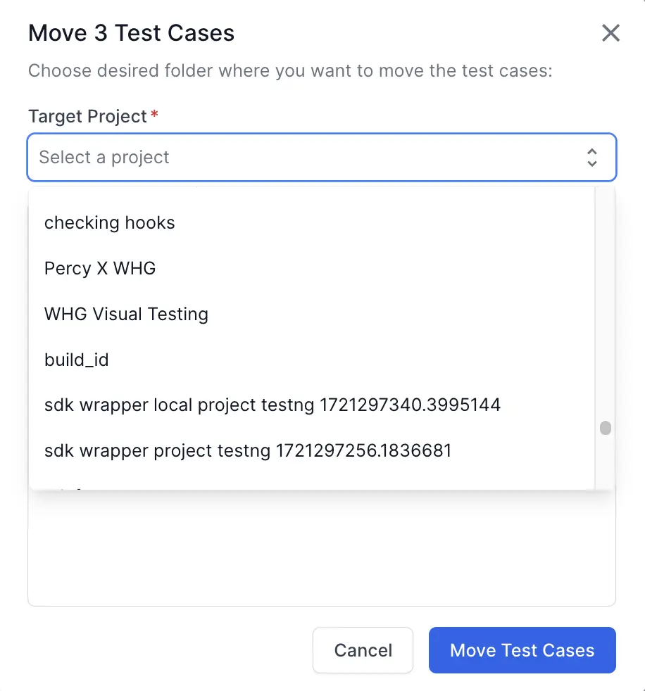 Choose the destination project in the Target Project field