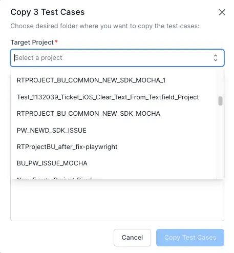Choose the Target Project from the drop-down menu