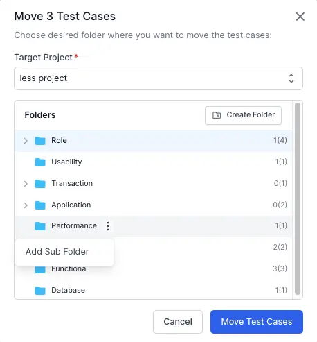 Select the destination folder for test cases