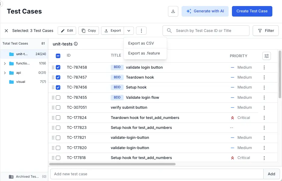 Select a format to export test cases