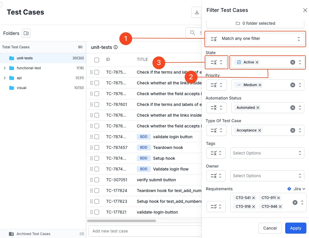   Enter the fields you would like to use to filter the test cases