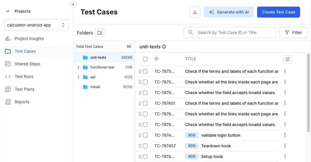 Select Test Cases tab on the left side navigation bar