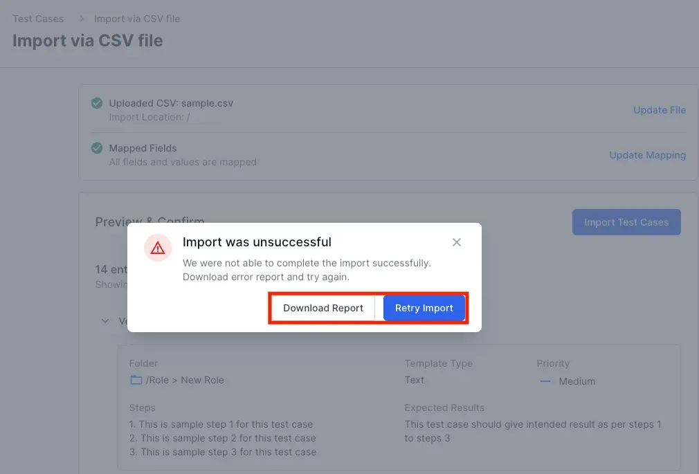 Unsuccessful import of test cases