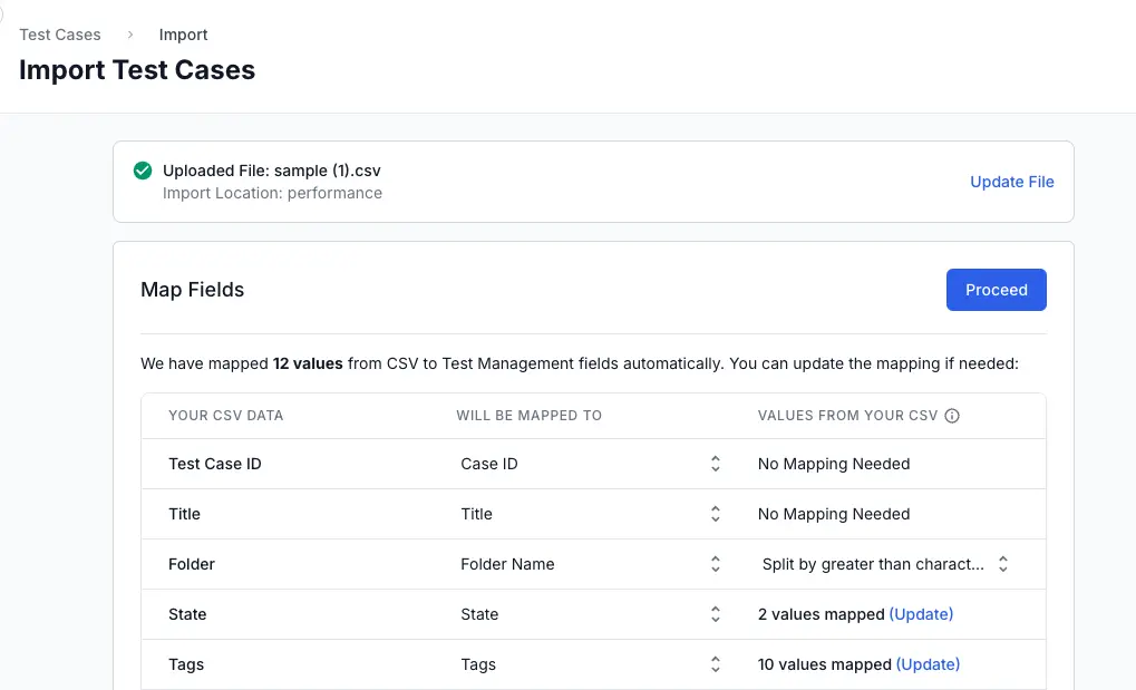 Mapping the test case data to a customized filed