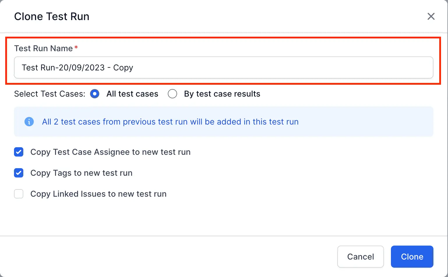 Enter the Test Run Name in the field