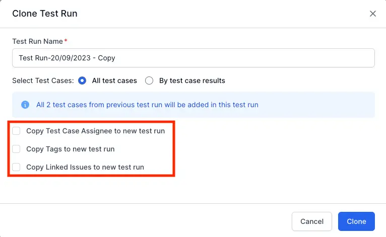 Select the boxes to specify which data to be included in the new test run