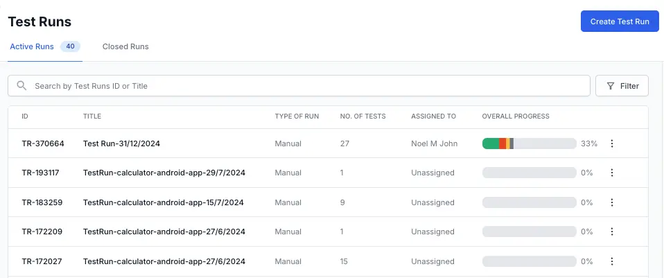 Click Test Run on the test runs dashboard