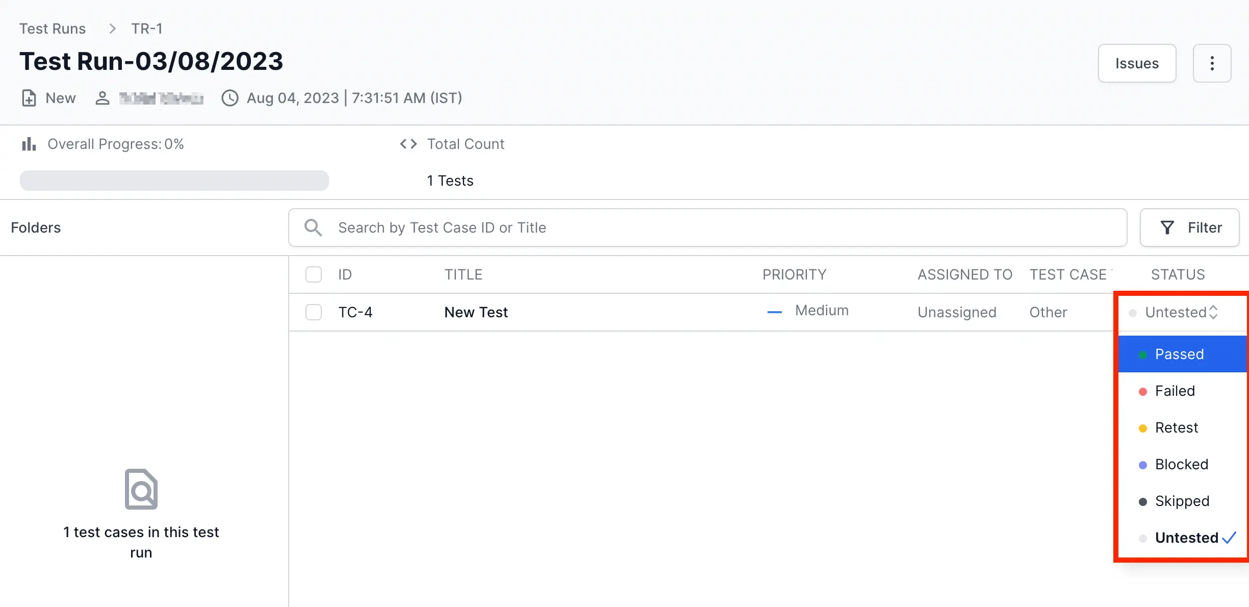 Add status from the drop-down menu