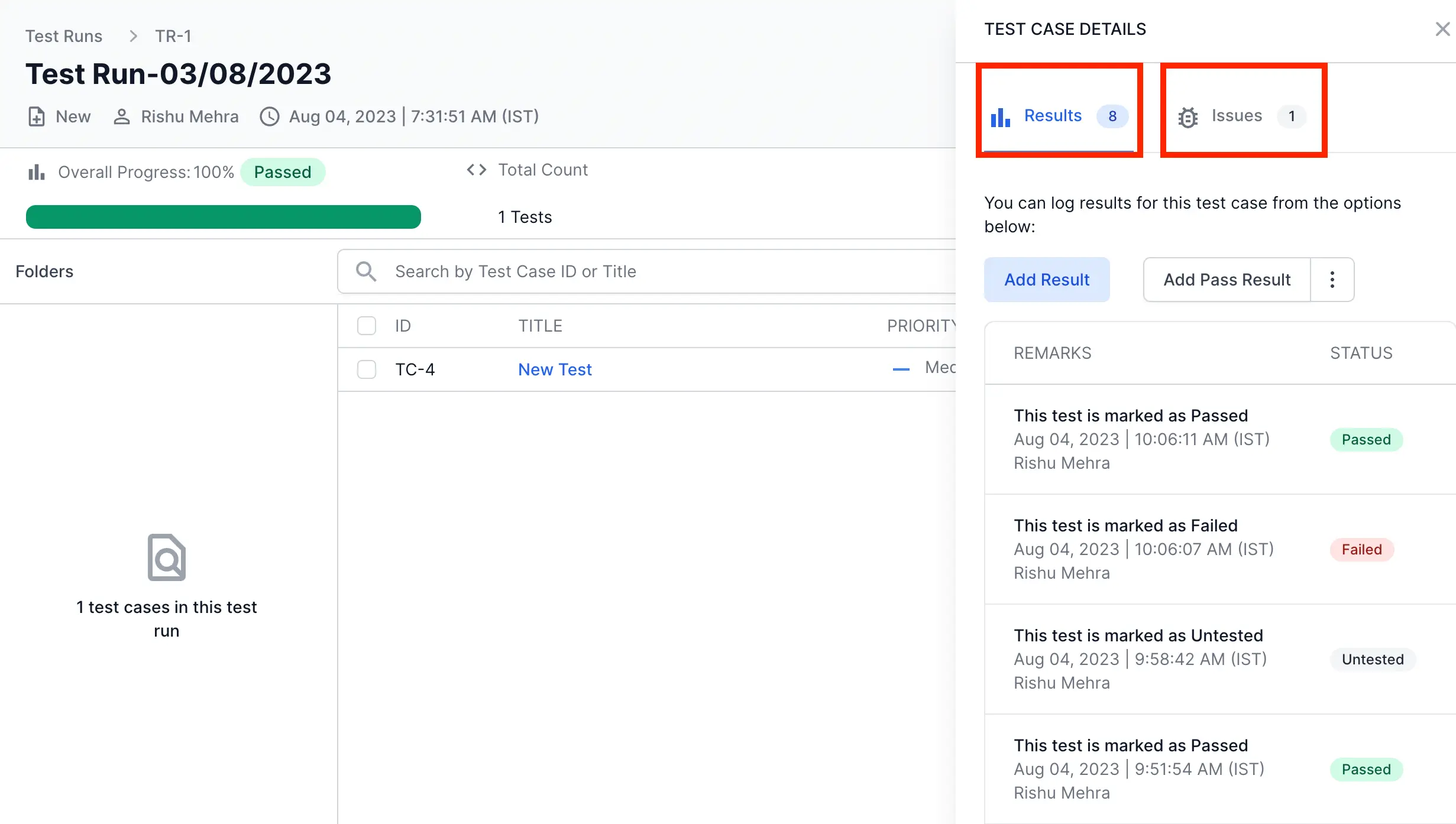 Add test results and requirementsto the Test Case